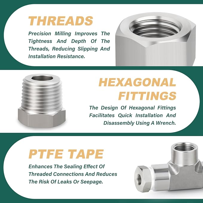 10PCS 304 Stainless Steel Reducer Hex Bushing, 3/8" - 1/4",1/4" - 1/8",3/8" - 1/8",1/2" - 3/8",1/2" - 1/4", Reducing Pipe Adapter Fitting, for Air/Fuel/Water/Gas/Oil