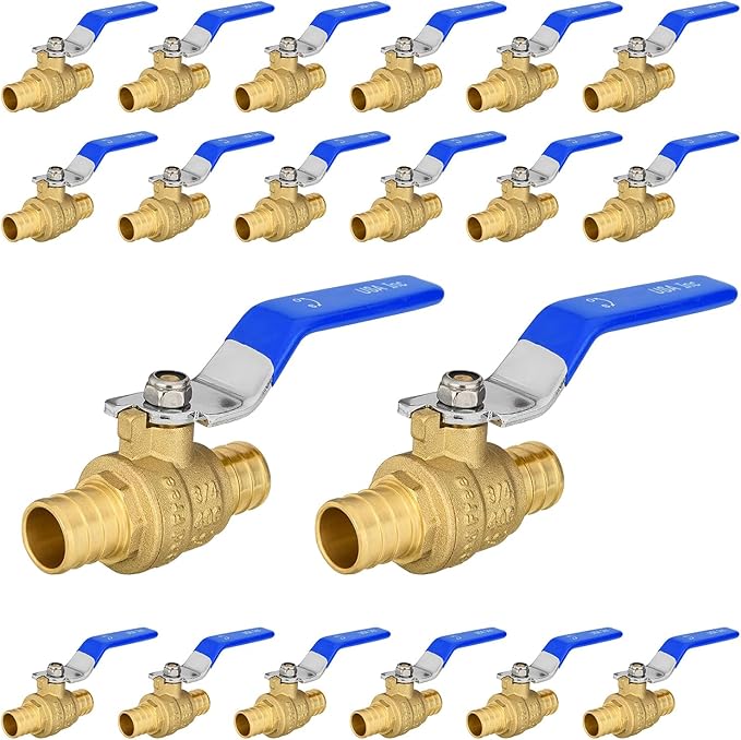 20-Pack Foskan 3/4 Inch PEX Crimp Full Port Ball Valve with Blue Handle, Brass Quarter Turn Shut-off Valve for PEX Tubing
