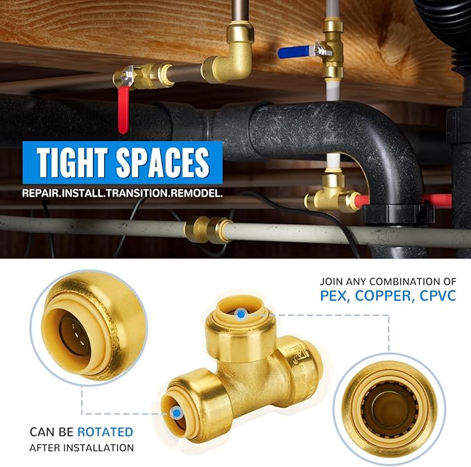 SUNGATOR 1/2 Inch Tee, Push Pex Fittings 1/2 Inch, 1/2" T Fittings, No Lead Brass Push-to-Connect Plumbing Tee Connector for PEX Pipe, Copper, CPVC, with 1 Disconnect Clip, Pack of 2