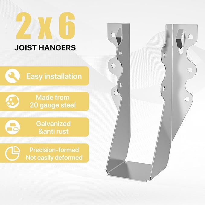 50 pcs 2x6 Joist Hanger,LU26 20 Gauge Double Shear Face Mount Joist Hanger,Hurricane Ties for Rafters Tie Brackets Great for Floor Deck and Ceiling Joists