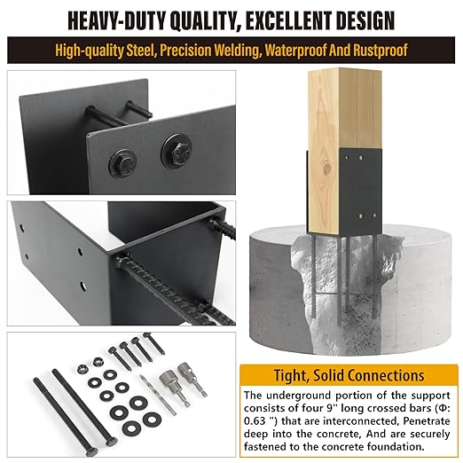6"x6"(Actual 5.5"x5.5") Stainless Steels U-Shape Post Holder, Wet Concrete Post Anchor, Heavy-Duty Post Base Bracket for Fence, Deck Railing, Wood Gazebo, Pergola (2pack-Dark Gray)