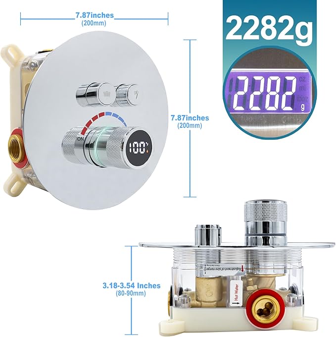 Round Digital Display Shower Valve 2 Way Shower Mixing Valve Concealed Installation Can Use All the Time Polished Chrome