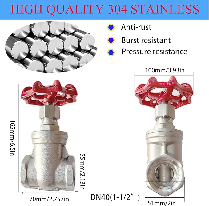 304 Stainless Steel Gate Valve DN40, 1-1/2" NPT Stainless Steel Female Threaded Rotary Globe Valve for Water Flow Switches, Fuel Water Vapor, Air Switches, Air Compressors and Sump Pumps, etc