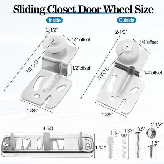 Closet Sliding Door Rolle Kit, Sliding Closet Door Floor Guide, Wardrobe Door Roller with Slide Track, Top-Hung Sliding Doors Hardware Replacement, Fits 3/4" to 1-3/8" in Thick Doors