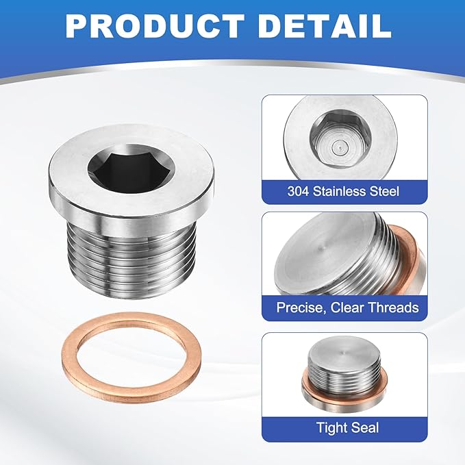 PATIKIL 2 Pcs M22 x 1.5 Metric Pipe Plug Fitting, 304 Stainless Steel Internal Hex Head Socket Pipe Cap Adapter Connector with Copper Washer for Sealing Oil Gas Water