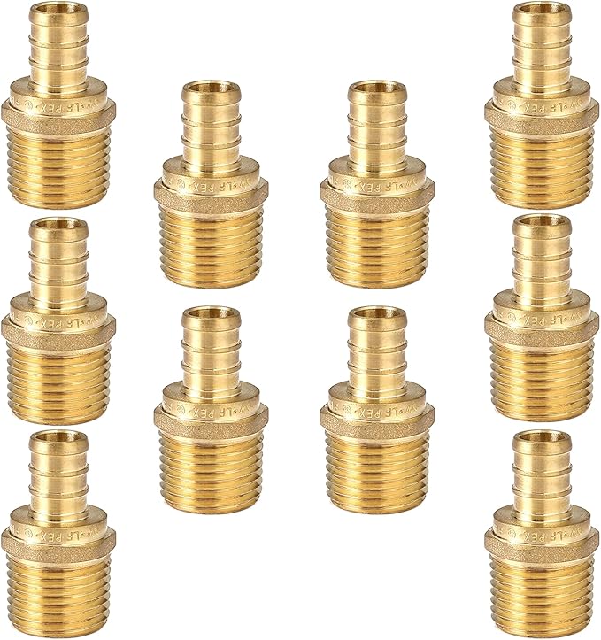 10-Pack HeSun PEX Fittings, 1/2" PEX x 1/2" Male NPT, 1/2 Inch Brass Crimp Male Adapter Fitting, ASTM F1807(PEX1807017)