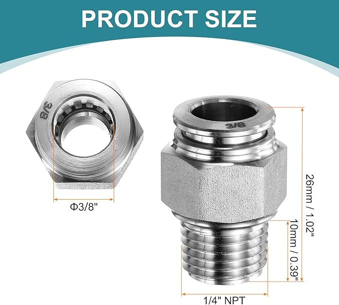 HARFINGTON Push to Connect Fittings 3/8" Tube OD x 1/4" NPT Thread Male Straight Union Fitting 304 Stainless Steel Quick Connect Pneumatic Accessories for Trailers Air Brake System
