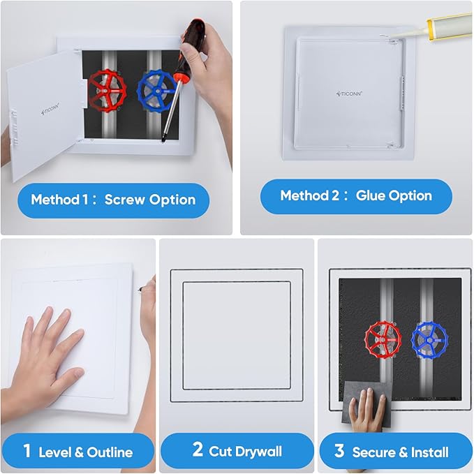TICONN Access Panel for Drywall, 8 x 8 Inch ABS Plastic Wall Hole Cover Access Doors, Easy Install Plumbing Wall Panel for Drywall, Ceiling, Wiring and Cables