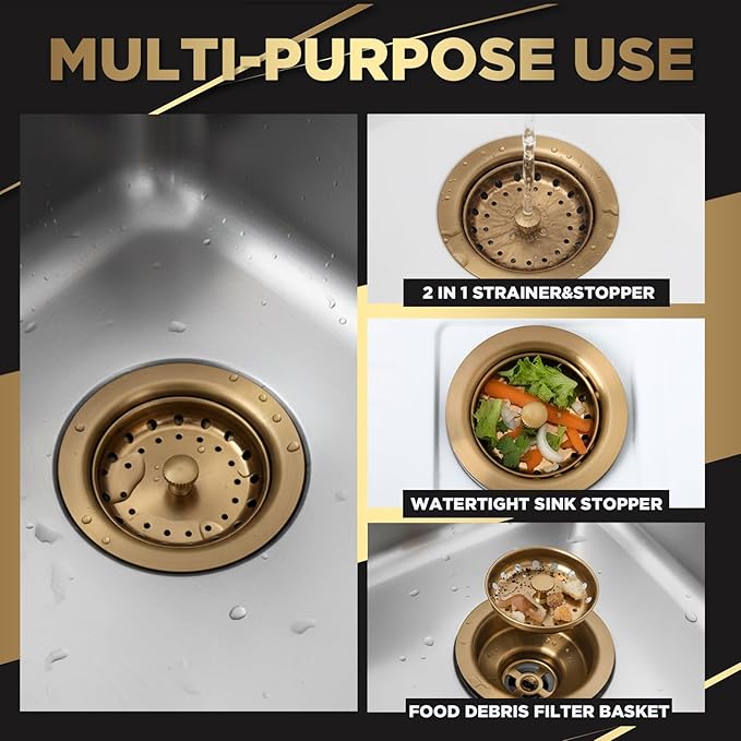 LEIFIDE 2 Pcs Champagne Brown Kitchen Sink Drain - Fit 3.5 Inch Standard Sink 304 Stainless Steel Brushed Brass Drain Strainer Basket with Knob Rubber Stopper Bottom