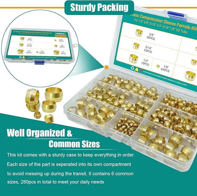 280PCS Brass Compression Sleeves Ferrules, 6 Sizes 1/2" 3/8" 5/16" 1/4" 3/16" 1/8" Tube OD Hose Compression Fitting Ferrule Kit for Air Water Fuel Oil and Inert Gases Line Repair