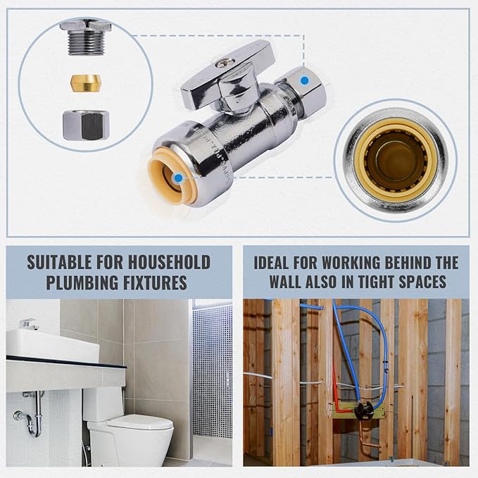 Straight Stop Valve, 2-Pack SUNGATOR Straight Water Shut Off Valve 1/2 x 1/4 Inch Compression, Toilet Water Shutoff, 1/4 Turn, No Lead Brass Push to Connect Plumbing Fitting, PEX Pipe, Copper, CPVC