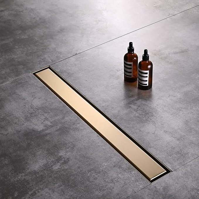 Linear Shower Floor Drain, Brushed Gold 42 Inch 304 Stainless Steel Bathroom Drains Kit, Rectangular Shower Trench Drain with Reversable Tile-in Pattern Drain Cover & Hair Catcher