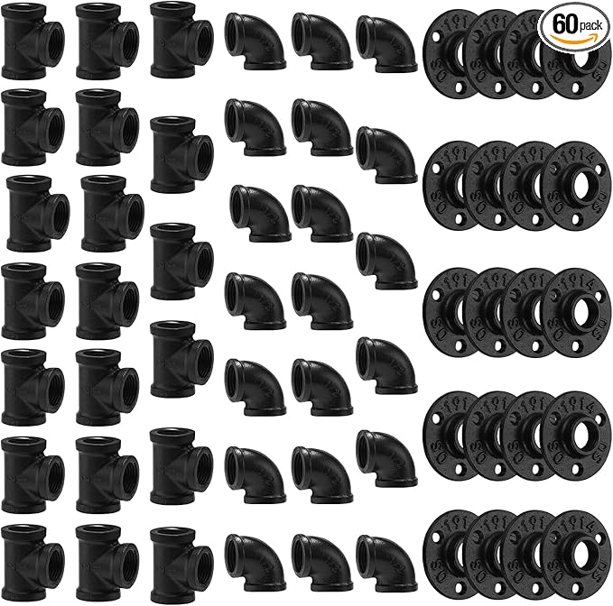 1/2" Black Floor Flange/Elbow/Tee Combo, 60 Pack Pipe Fitting for Industrial vintage style, DIY Project/Furniture/Shelving Decoration (60, 1/2 Inch)