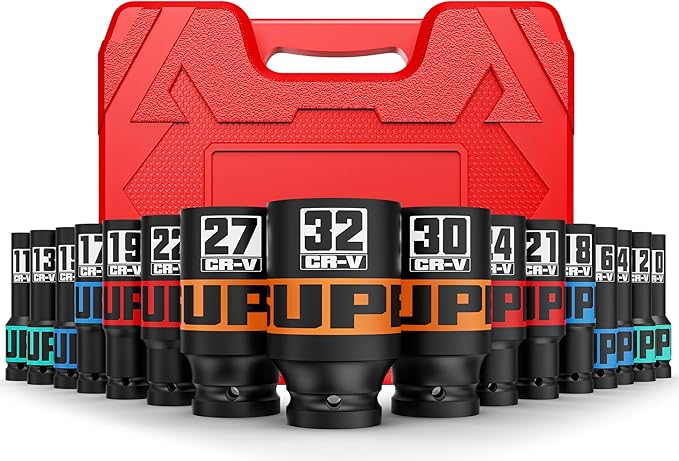 16 Piece 1/2" Drive Impact Socket Set, 10-32 mm Thicker Deep Sockets, Metric Socket Set, 6-Point, Cr-V, Automotive and Home