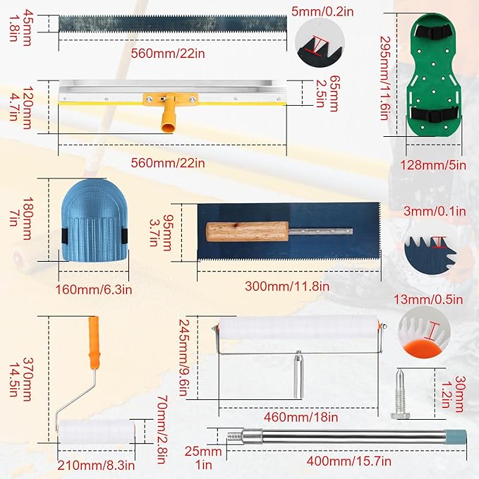 Upgraded Self-Levelling Cement Tool Kit - Floor Construction Roller Spike Shoes - Garage Flooring Concrete Tools with Adjustable Threaded Pole - Self-Leveling Rake - Spiked Roller