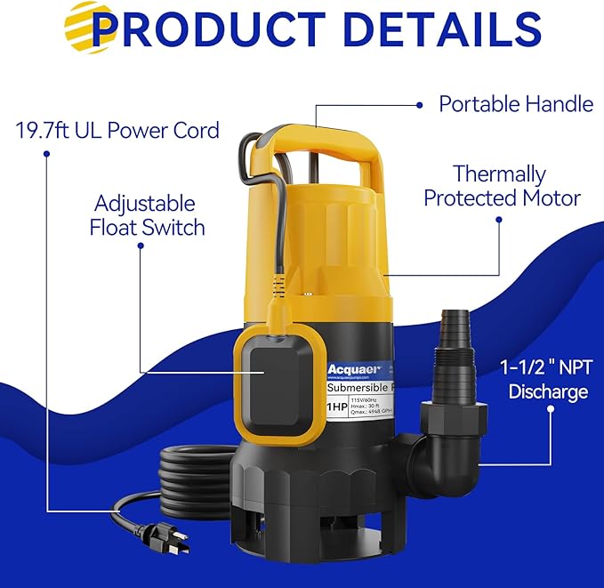 Acquaer 1HP Sump Pump 4948GPH Submersible Drain Pump with Automatic Float Switch, Remove Clean/Dirty Water for Basement, Hot Tub, Pools, Garden Pond