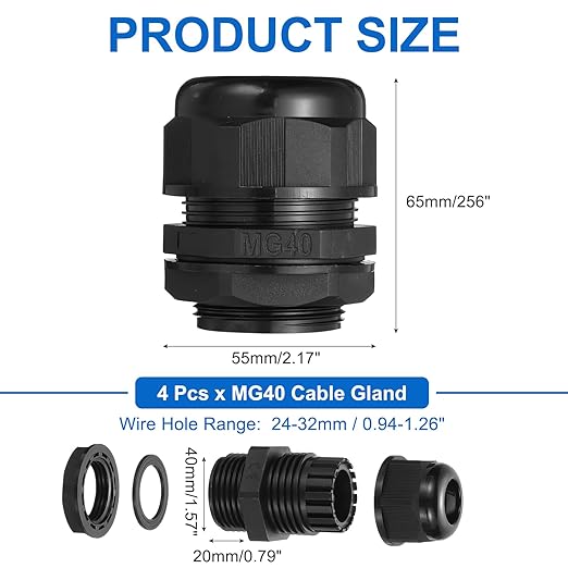 MECCANIXITY 4 Pcs M40 Cable Gland, 24-32mm Wire Hole Waterproof Nylon Joint for Cable Fixing, Wiring, Repairing, Gland Replacement, Electrical Appliances, Black