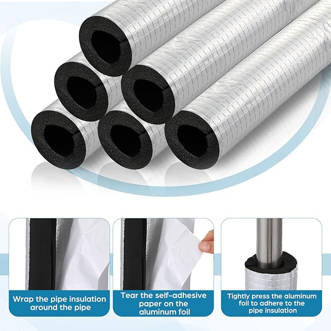 Tondiamo 8 Pcs 3 FT Pipe Insulation Foam Tube Self Adhesive Insulation Foam Wrap with Aluminum Foil Tape & Cable Ties for Tubing Heat Preservation Winter Outdoor Freeze Protection(1.5 Inch)