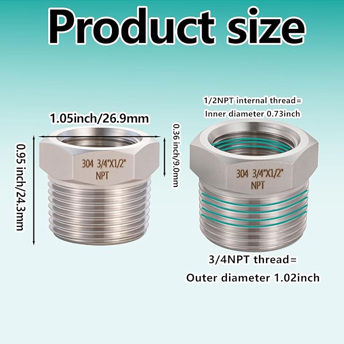 2 Pcs 3/4" Male NPT to 1/2" Female NPT Reducer Hex Bushing，304 Stainless Steel Pipe Fitting Hex Bushing, Heavy Duty Pipe Fitting Reducer Adapter