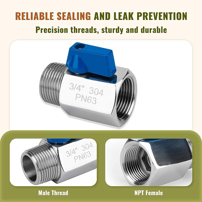 2 Pack 3/4" Mini Ball Valve, 304 Stainless Steel Shut-Off Valve NPT Female x Male Thread Small Valves for Compact Space (2, 3/4 Inch)