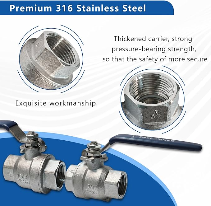 3/4" 316 Stainless Steel Ball Valve Female, 2-Piece Full Port NPT Threaded, 1000 WOG, High Pressure Corrosion Resistant Shut Off Valve for Water/Oil/Gas, Industrial Plumbing Valve (2-Pack)