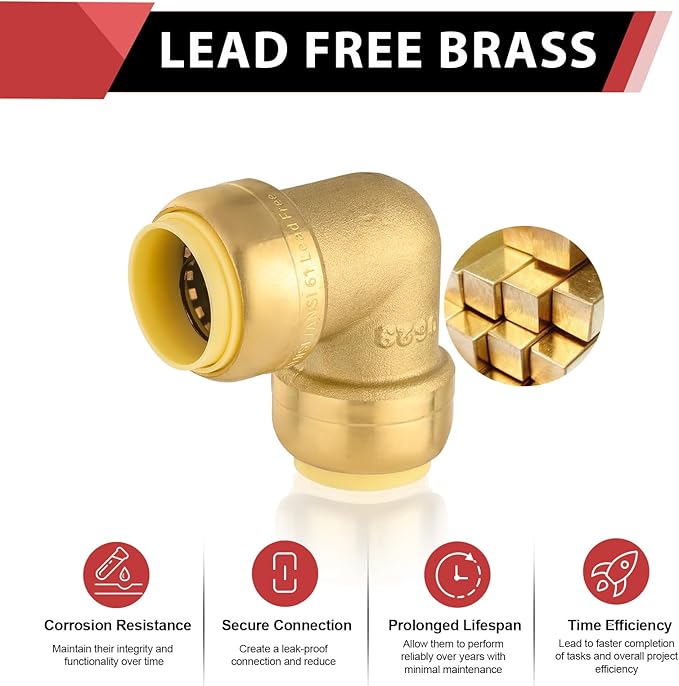 (Pack of 2) EFIELD 1/2-inch 90-Degree Elbow, Push-Fit Brass Fittings to Connect Copper, PEX, CPVC Pipe with 1/2" Disconnect Clip,(PF-UNI007)