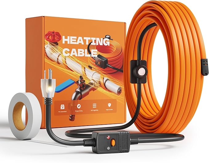 Heat Tape for Water Pipes with Thermostat, Anti-Freeze Heater, Electric Heat Tape, Keeps Water Flowing at -22℉/-30℃, 30FT with Leakage Protector, Orange, UL&ETL Listed 120V