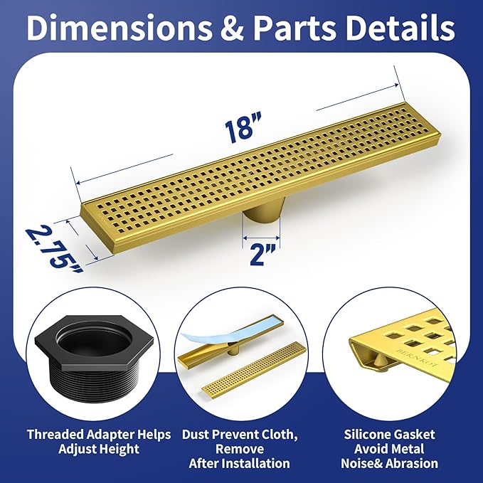 Linear Shower Drain 18", 304 Stainless Steel Floor Drain with Grid Drain Cover & Hair Strainer, Rectangular Shower Drain w/CUPC Certified, Brushed Gold