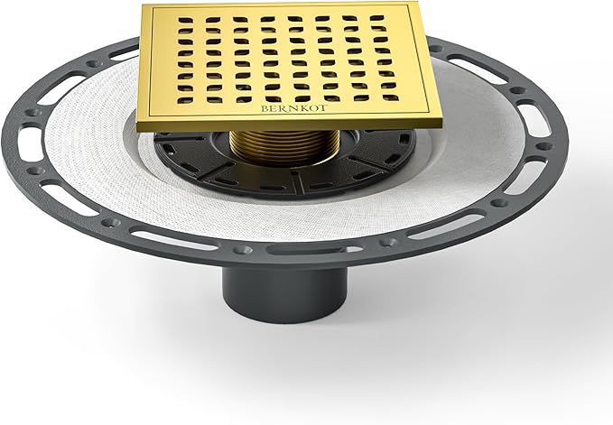 Square Shower Drain 6" Polished Gold with PVC Bonding Flange Base 304 Stainless Steel Drain Grate Removable with Stainless Drain Key for Low Profile Shower Tiles