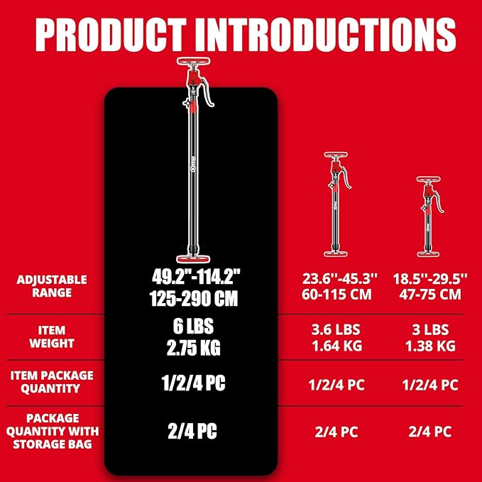 XINQIAO Cabinet Jacks for Installing Cabinets, Heavy Duty Third Hand Tools Adjustable Support Pole from 49.2 in to 114.2 in, 1 PC