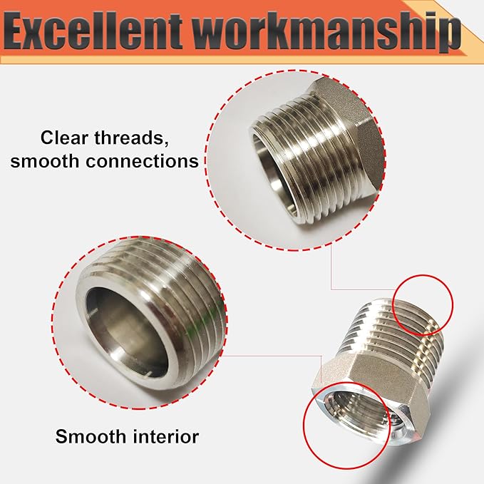 1/2" NPT Male to 3/8" NPT Female Reducer Bushing, 304 Stainless Steel Pipe Hex Bushing NPT Male to Female Reducing Adapter Pipe Fitting for Reducing Pipe (1/2mnpt x 3/8fnpt)