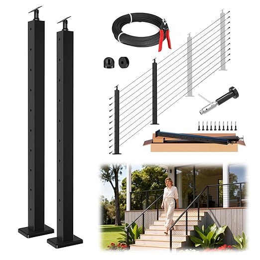 Upgraded 2-12FT Swageless Black Stair Cable Railing Post Kit 36 Inch, 2 Heavy-Duty T304 Stainless Steel Post Fit 28-38 Degree Stairway, Patent Reusable Terminal, Outdoor Finish(No Handrail)