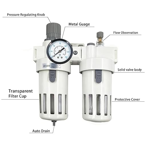 XingNEeng 1/2" NPT Compressed Air Filter Regulator Lubricator (FRL) Unit, Double Water/Oil Trap Separator, Gauge(0-150 psi), Semi-Auto Drain Air Compressor Water Separator, Poly Bowl, Metal Bracket