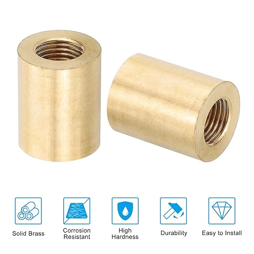 PATIKIL Lamp Pipe Brass Coupling Nut, 5 Pcs 20mm Long M10 Fine Round Thread Sleeve Lamp Pipe Adaptor Rod Connector Hardware for Light Fixture Assembly or Repair, 16mm OD.