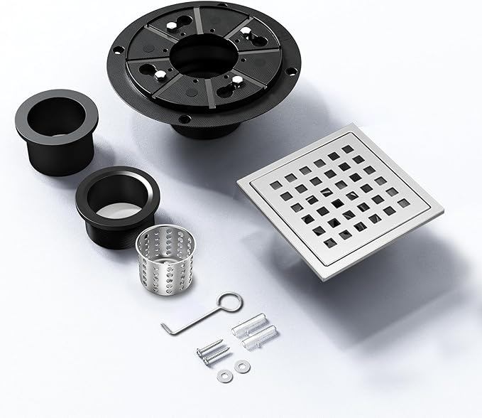 4-1/3 Inch Square Shower Floor Drain with Removable Cover Grid Grate, SUS 304 Stainless Steel, Watermark&CUPC Certified, Chrome Finished (Chrome, 4 in)