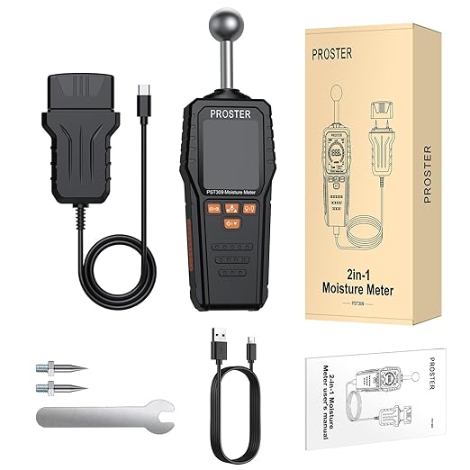 Proster 2-in-1 Pin & Pinless Moisture Meters for Walls - Rechargeable Damp Meter with 3-Colour Bar Graph LCD Display Customizable Alarms Wood Moisture Meter for Building Materials Concrete Plaster