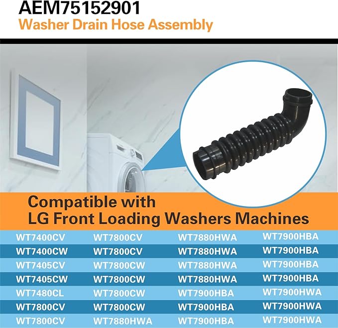 Upgraded AEM75152901 Washer Drain Hose Assembly Compatible with LG Front Loading Washers Machines: WT7800CV, WT7800CW, WT7900HBA, WT7880HWA, WT7405CW