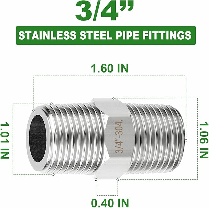 TAISHER 5PCS 304 Stainless Steel New Hex Nipple, 3/4" NPT Male x 3/4" NPT Male, Pipe Adapter Fitting