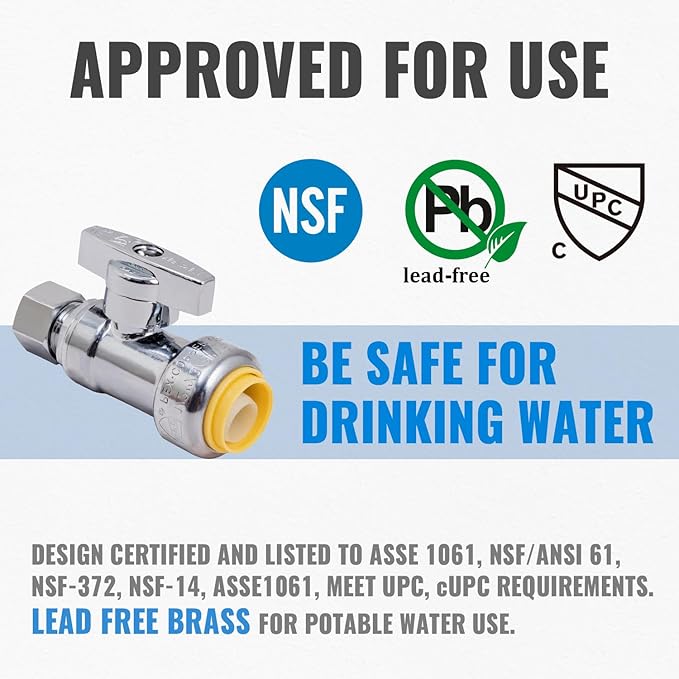 Straight Stop Valve, 2-Pack SUNGATOR Straight Water Shut Off Valve 1/2 x 3/8 Inch Compression, Toilet Water Shutoff, 1/4 Turn, No Lead Brass Push-to-Connect Plumbing Fittings for PEX Pipe, Copper,CPVC
