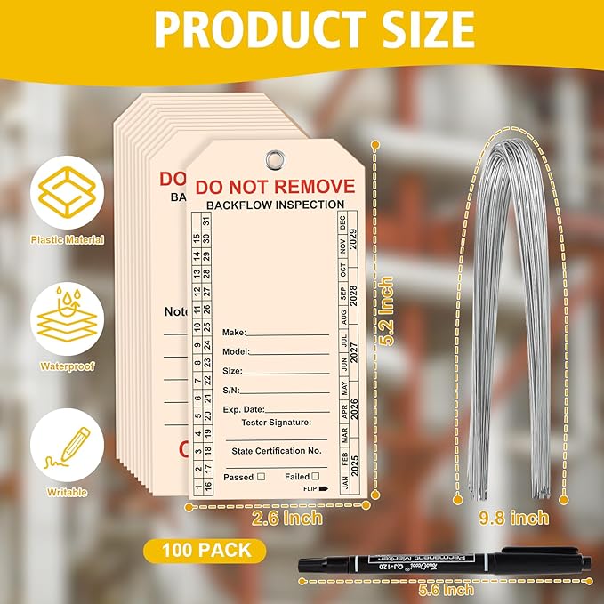 100 PCS Waterproof Backflow Inspection Tags 2.6 x 5.2 Inch Heavy Duty 18 Mil Writable Plastic Tags with Iron Wire & Pen Double-Sided Printing Pre-Punched Holes Maintenance Record for Backflow (Beige)