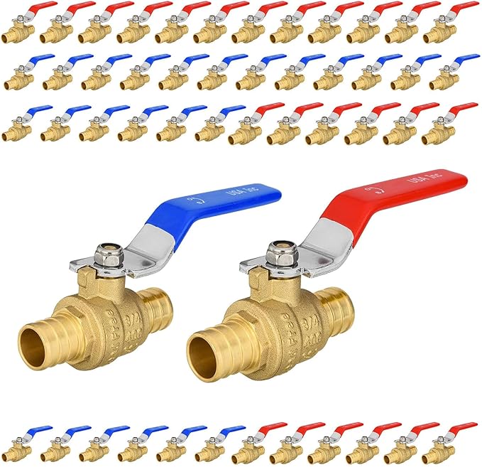 50-Pack Foskan 3/4" PEX Crimp Ball Valve, Brass Quarter Turn Full Port Shut-off Valve for PEX Tubing(Blue and Red)