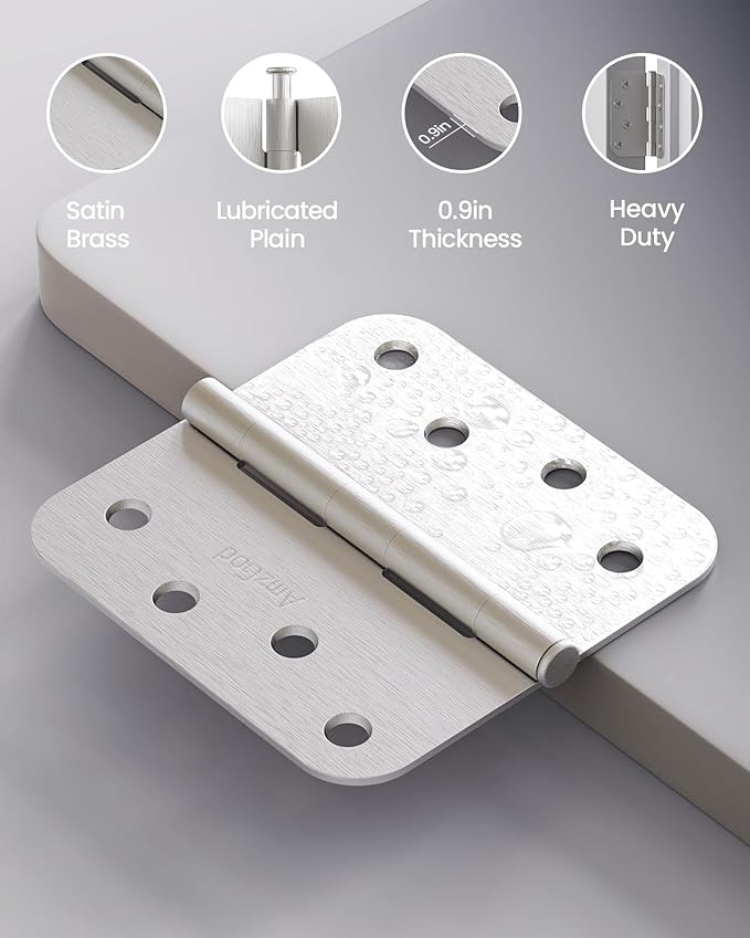 4" X 4" Nickel Door Hinges – 12 Pack Brushed Nickel Door Hinges with 5/8" Radius, Rounded Interior Heavy Duty 4 Inch Exterior & Front Door Hinge for Residential Use