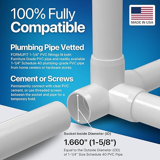 FORMUFIT 1-1/4” 4-Way Tee Furniture Grade PVC Fitting in White, Made in USA, UV-Resistant, Impact-Proof, 1.660” Actual Socket Diameter (Pack of 4) - F1144WT-WH-4