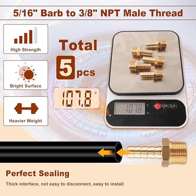 5pcs Brass Hose Barb Fittings 5/16 Inch Barb to 3/8 Inch NPT Male Thread Air Hose Fittings Adapter Connector Water Fuel Air Line Fittings 5/16” × 3/8” NPT Brass Fittings
