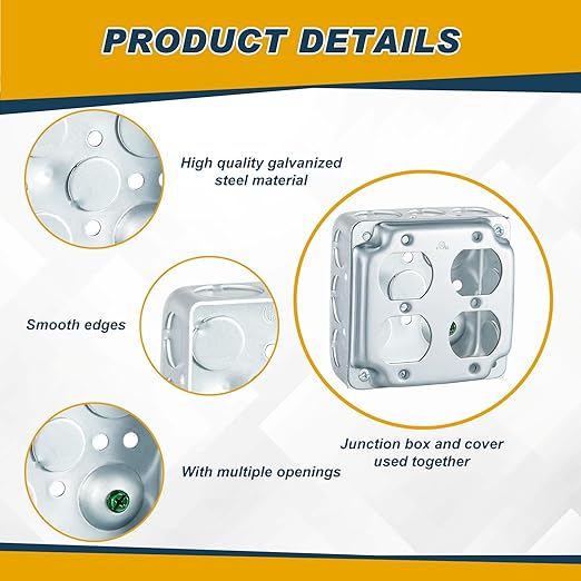 8 Set 4 × 4" Electrical Junction Box with Cover Electrical Metal Outlet Box, 21.0 Cu. in. Capacity Receptacle Exposed Work Cover, 1-1/2'' Deep (Double Duplex Receptacle)