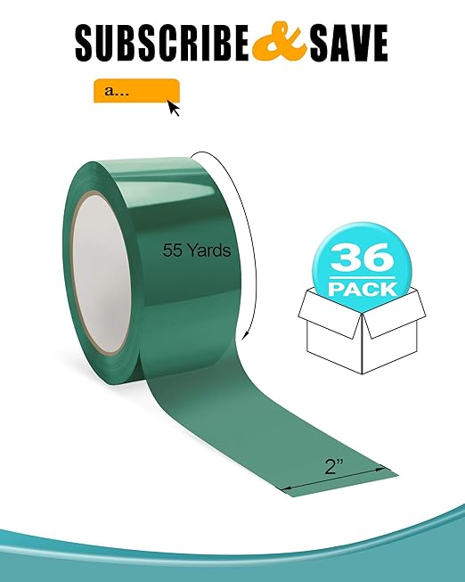 APQ 36 Rolls of Green Carton Sealing Tape 2" x 55 yds. Thickness 2 Mil. Acrylic Packaging Tape for Wrapping, Packing, Shipping, Moving Boxes. Acrylic Emulsion Adhesive. No Weathering, Yellowing.
