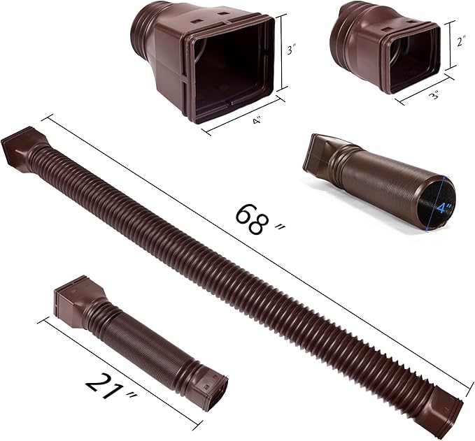2 pack flexible rain gutter downspout extensions flexible, drain downspout extender,rainwater drainage ditch joint, can be extended from 21 inches to 68 inches (Brown)