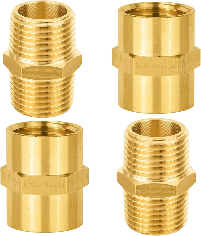 4-PCs HeSun Brass Pipe Fittings Combo, 2-PCs 1/2" NPT Male + 2-PCs 1/2" NPT Female Hex Nipple Adapter