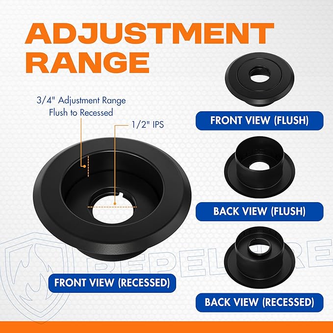 Recessed Fire Sprinkler Escutcheon 1/2 in. IPS - 2 Piece in Black - Depth Adjustment Range up to 3/4 in. for Fire Sprinkler Trim