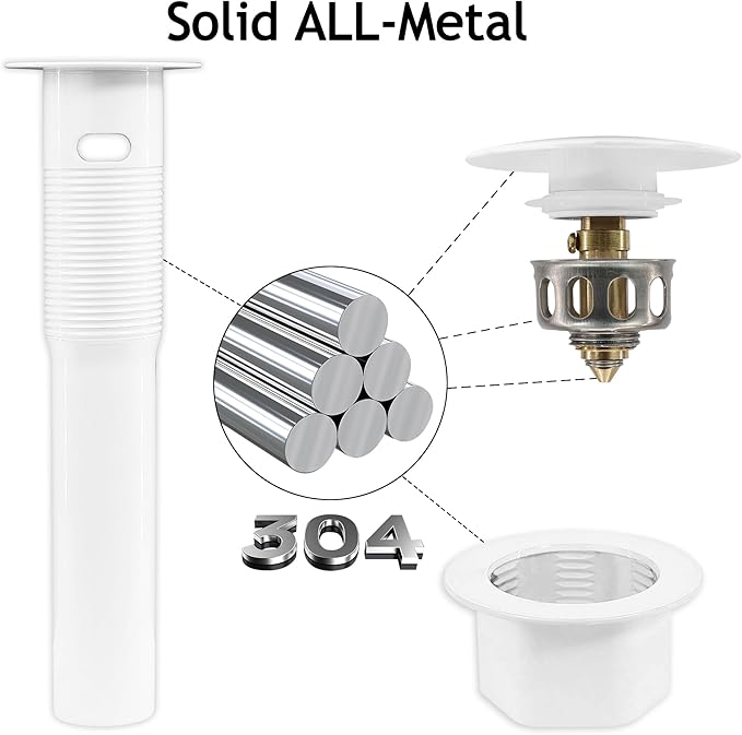 Bathroom Sink Drain,Drain Stopper Bathroom Sink with Overflow,Pop Up Drain Assembly with Detachable Strainer Basket,Built-in Anti-Clogging, Stainless Steel Nut White